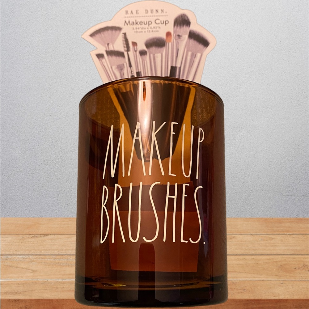 Rae Dunn MAKEUP BRUSHES Makeup Cup for Brushes Large Amber Colored Glass NWT